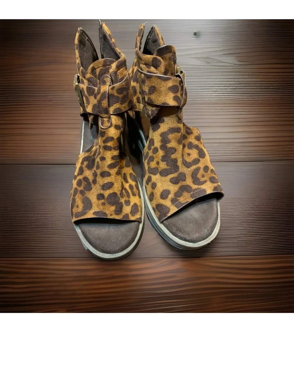 Pierre Dumas Leopard Print Wedge Sandals in Tan and Black